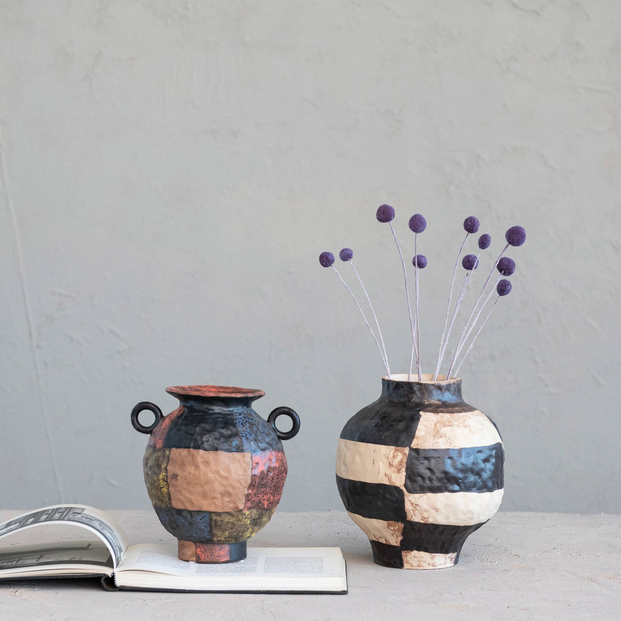 Hello Honey® 10" Black & Cream Hand-Painted Stoneware Vase with Reactive Glaze